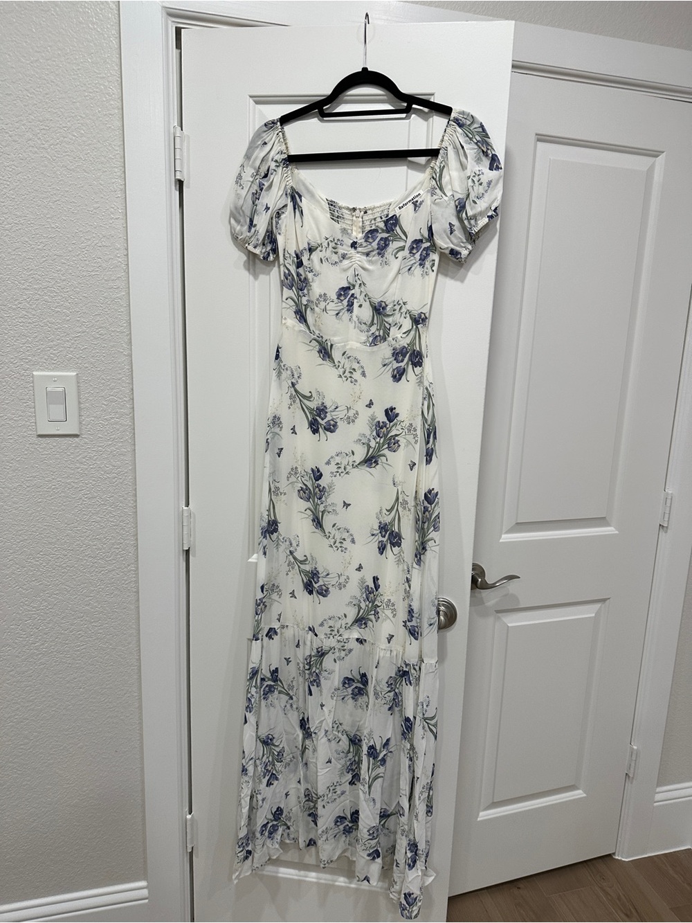 Reformation White & Blue Floral Puff-Sleeve Maxi Dress